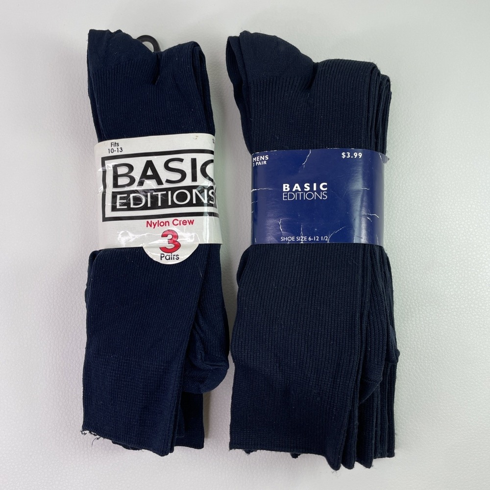 Vintage NOS Basic Editions Mens 6-12 (10-13) Nylon Dress Crew Socks 6 Pair Navy